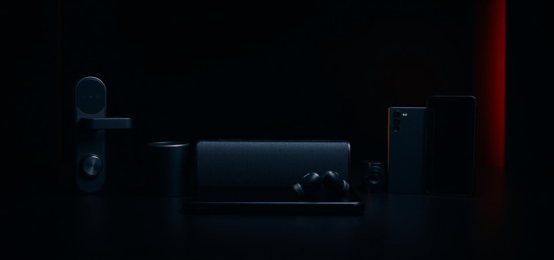 Premium electronics — smart lock, speaker, power bank, earbuds and smartphone