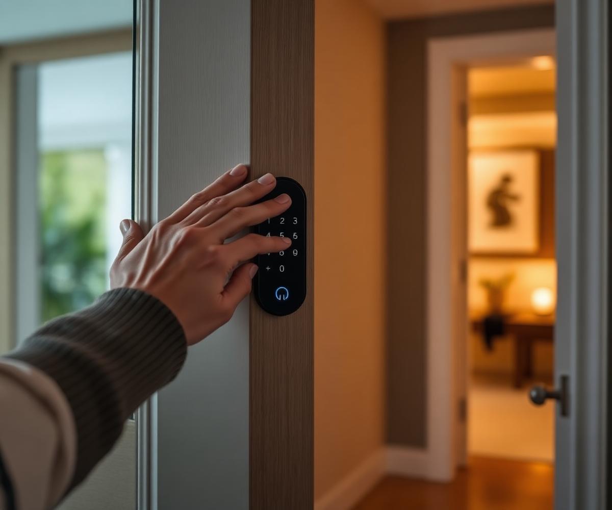 Person using a keypad smart lock at a modern home entrance
